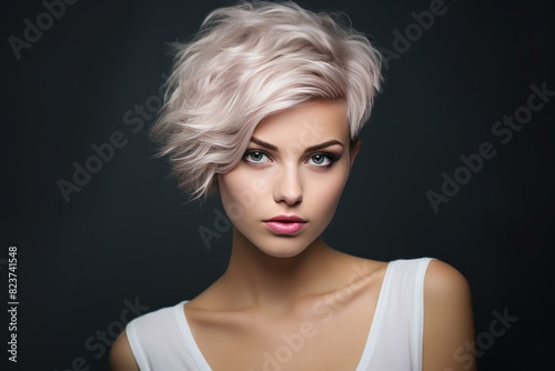 Portrait of a fashionable female with a chic short hairstyle and elegant makeup on a dark background