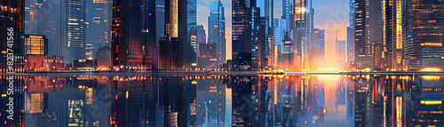 Cityscape Reflections: Close-up of cityscape reflections in water, glass facades, and mirrored surfaces, highlighting the city's reflective beauty and architectural symmetry