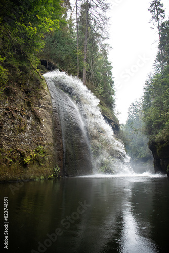 Pure nature, landscape shot in a gorge with a river. European forest in Hřensko, Kamnitzklamm, Bohemian Switzerland, Czech Republic photo