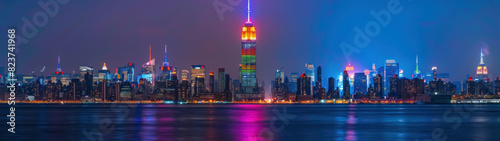 Empire State Building, rainbow colors, night, illuminated, New York City skyline