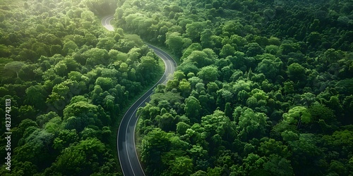 Aerial Perspective of a Scenic Road meandering through a Verdant Forest, highlighting the Beauty of Nature. Concept Nature Photography, Scenic Landscapes, Aerial Perspectives, Forest Trails © Anastasiia