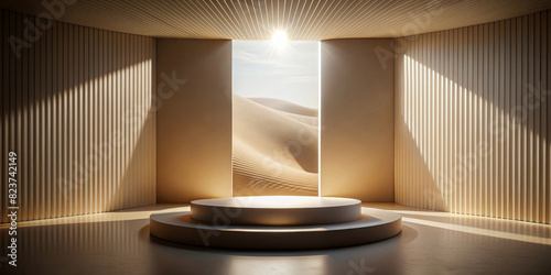 The minimalist interior design comprises a circular podium, centred on a room with wooden flooring and a desert landscape visible through a large vertical window.AI generated. photo