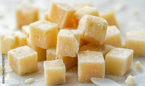 Cheese cubes on a white kitchen surface, with each piece precisely cut and spaced food preparation , Generate Ai