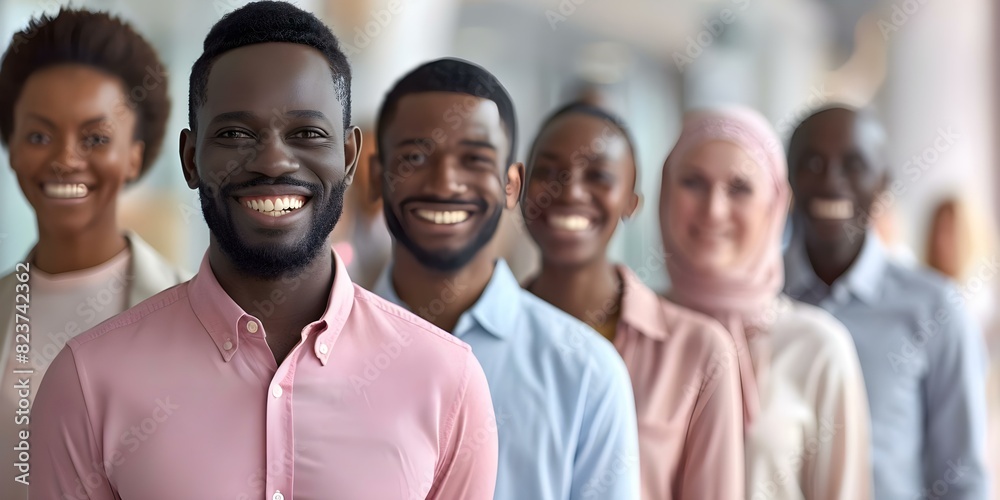 Confident chief leads diverse business team smiling together indoors. Concept Leadership, Teamwork, Diversity, Collaboration, Business Meetings Confident chief leads diverse business team smiling together indoors. Concept Leadership, Teamwork, Diversity, Collaboration, Business Meetings