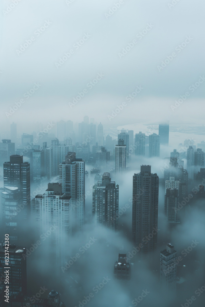 Aerial view of a cityscape partially covered in fog, with only the tops of buildings visible. Focus on the contrast between the sharp edges of the architecture and the soft, diffused fog.