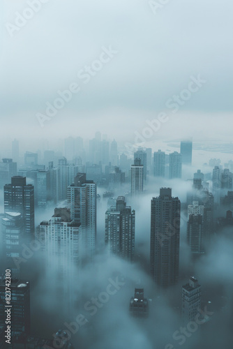 Aerial view of a cityscape partially covered in fog  with only the tops of buildings visible. Focus on the contrast between the sharp edges of the architecture and the soft  diffused fog.