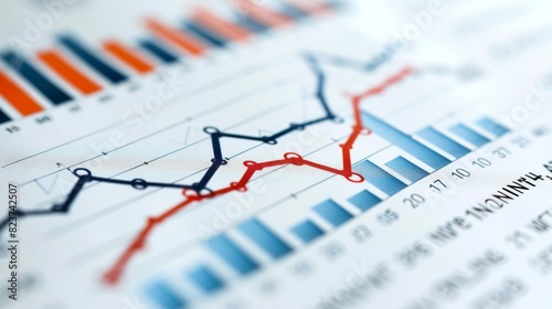 Graph featuring a descending line and numerical financial data, isolated, white background, business loss, highquality image photo