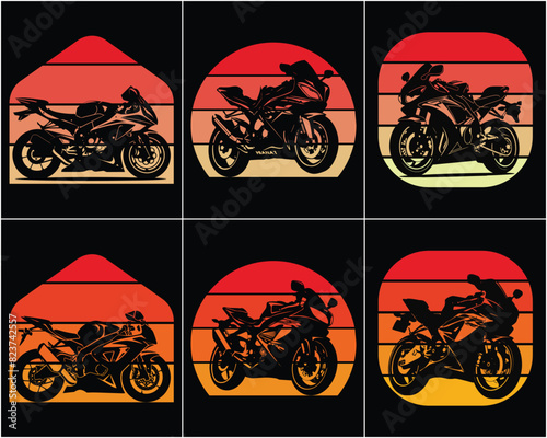 Motorcycle silhouette in the style of vector black monochrome Motorcycle retro vintage sunset bundle