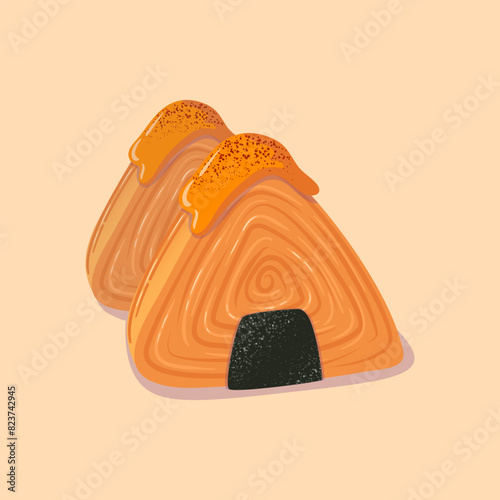 Kronigiri is a combination of the traditional Japanese onigiri and the French croissant. Trendy food. Vector illustration. Nori sheet, spicy sauce. Sweet pastries. For cafes, flyers, advertising.