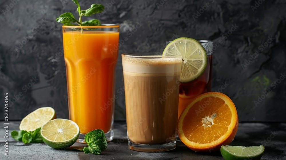 Fototapeta premium Latte, Americano, Orange juice, Lime tea served on dark background. generative ai