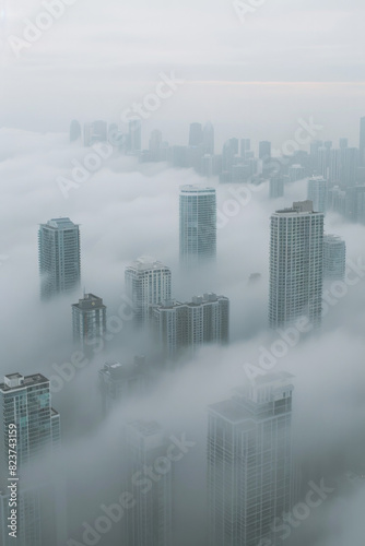 Aerial view of a cityscape partially covered in fog  with only the tops of buildings visible. Focus on the contrast between the sharp edges of the architecture and the soft  diffused fog.