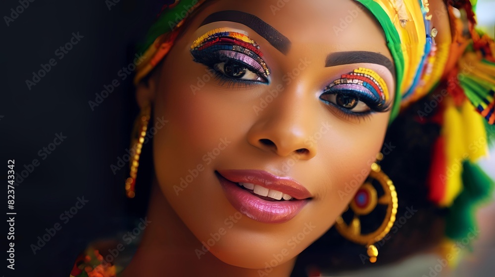 Naklejka premium portrait of a young, beautiful confident afro american woman in her 20s or 30s; close up to face and artistic, colorfull make up; perfect for beauty ads, make-up artist, cosmetics