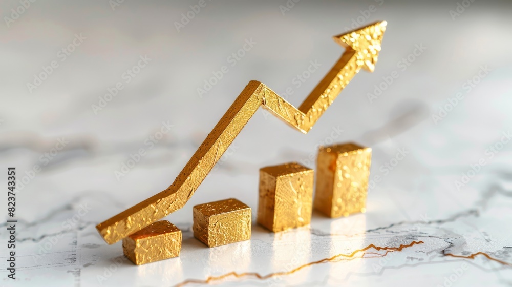 Golden arrow on an upward line graph, isolated on white background, economic success, professional stock photo, copy space Golden arrow on an upward line graph, isolated on white background, economic success, professional stock photo, copy space