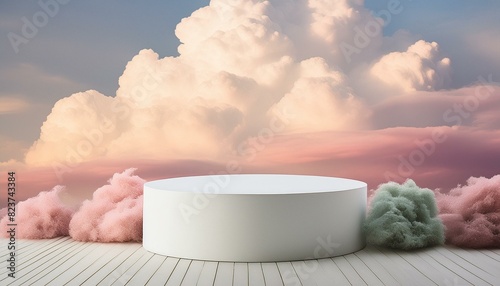 Close up white display podium for luxury product banners in dreamy pastel color clouds