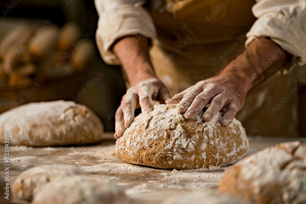 Artisan Baker Shaping Organic Whole Grain Dough - Perfect for Culinary Designs, Bakery Posters, and Healthy Lifestyle Concepts Artisan Baker Shaping Organic Whole Grain Dough - Perfect for Culinary Designs, Bakery Posters, and Healthy Lifestyle Concepts
