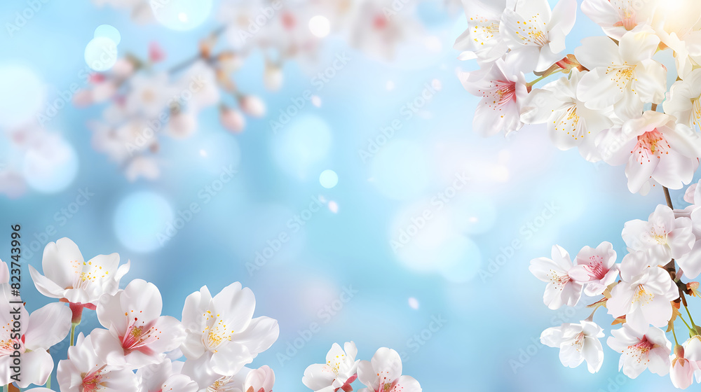 Springtime pink cherry blossom with sunshine bokeh, blue background, copy space background