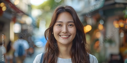 Radiant Southeast Asian woman exudes joy while posing in urban setting. Concept Urban Photoshoot, Southeast Asian Woman, Joyful Portraits, Radiant Smiles, Urban Fashion
