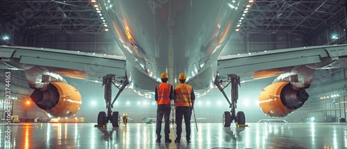 Two engineers in hard hats and safety vests examine the undercarriage of a wide-body jet. photo