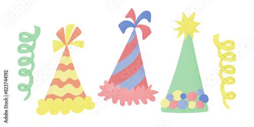 Set of hand drawn colored birthday bonnets and serpentine for other holiday in flat candy pastel colors. Vector holiday illustration isolated on white background.
