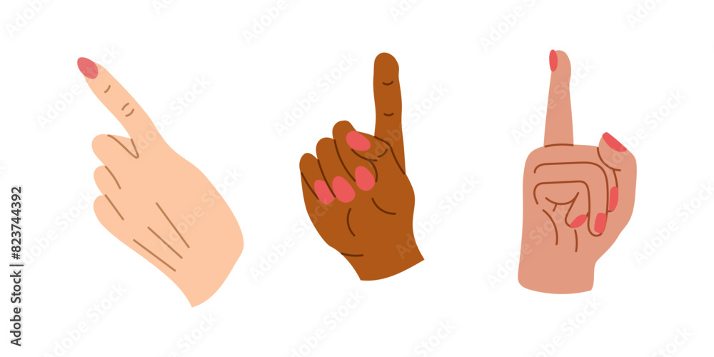 Fototapeta premium Flat hand drawn set of multiracial hands pointing up. Diverse body language. Vector flat doodle illustrations isolated on white background
