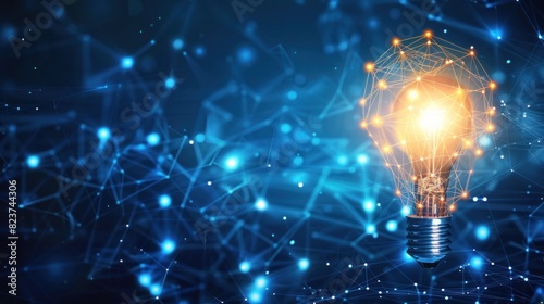 Bright light bulb with digital network technology connection elements on blue background.Generate AI