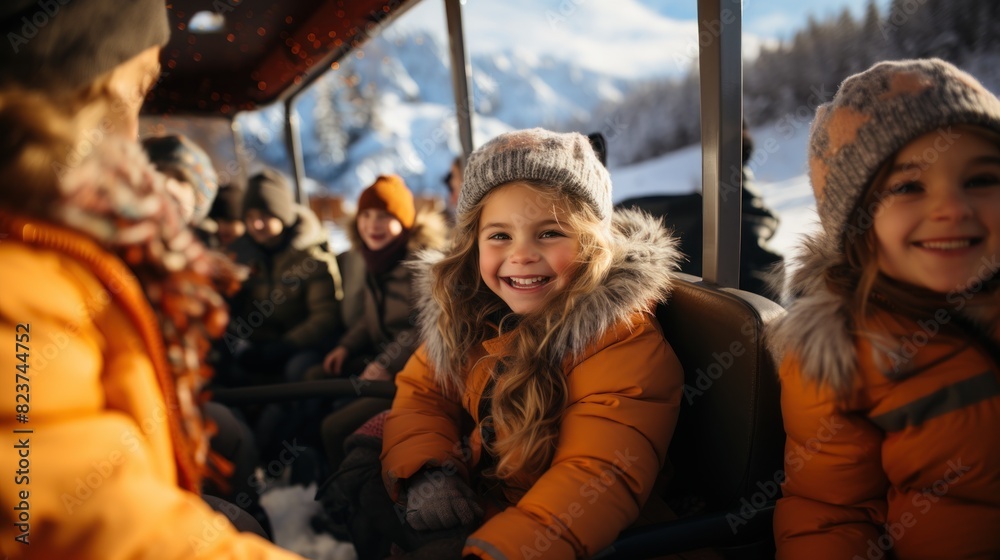 Obraz premium A joyous young girl smiles brightly inside a winter bus, representing childhood and winter joy