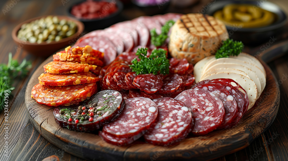 processing of smoked foods, sausage, ham, cheese, meat, on a wooden table processing of smoked foods, sausage, ham, cheese, meat, on a wooden table