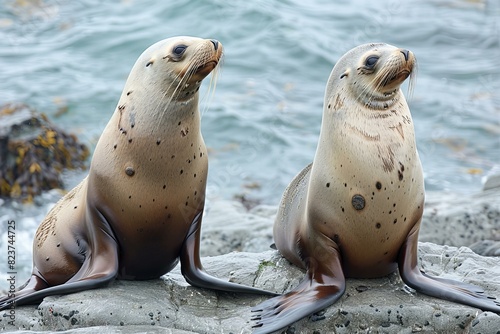 Featuring a two sea lions sitting on rocks, high quality, high resolution