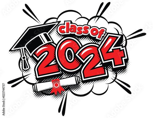 2024 class graduate header. Decorate congratulation for school graduates in comic cartoon style. Vector on transparent background