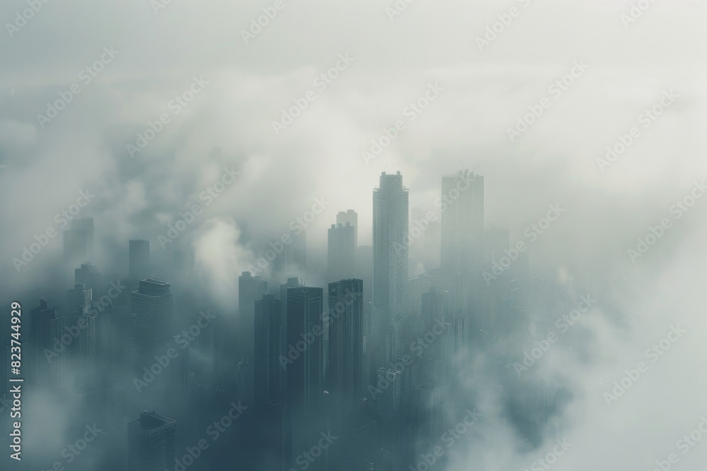 Aerial view of a cityscape partially covered in fog, with only the tops of buildings visible. Focus on the contrast between the sharp edges of the architecture and the soft, diffused fog. Aerial view of a cityscape partially covered in fog, with only the tops of buildings visible. Focus on the contrast between the sharp edges of the architecture and the soft, diffused fog.
