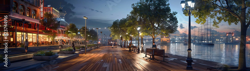 Waterfront Boardwalks: Close-up of waterfront boardwalks, outdoor cafes, and recreational areas, highlighting the city's waterfront lifestyle and leisure activities