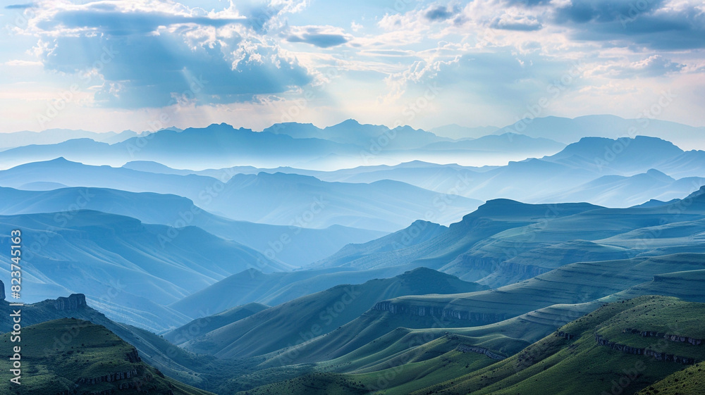 a panoramic view of fold mountains with layers of rolling hills and valleys