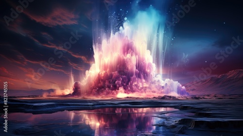 A digitally created surreal scene with a massive cosmic explosion erupting over an icy, watery landscape under a starry sky photo