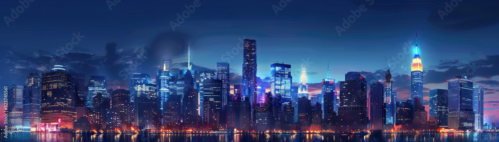 Obraz premium City Skylines at Dusk: Close-up of city skylines at dusk, illuminated buildings, and twilight views, highlighting the city's dynamic and vibrant nightlife