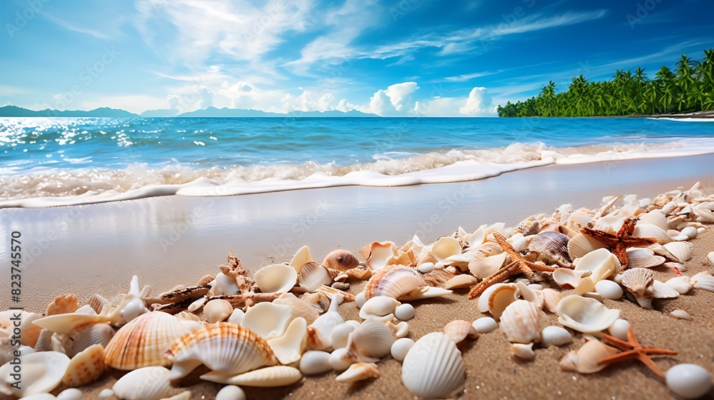 Landscape with seashells on tropical beach - summer holiday Landscape with seashells on tropical beach - summer holiday