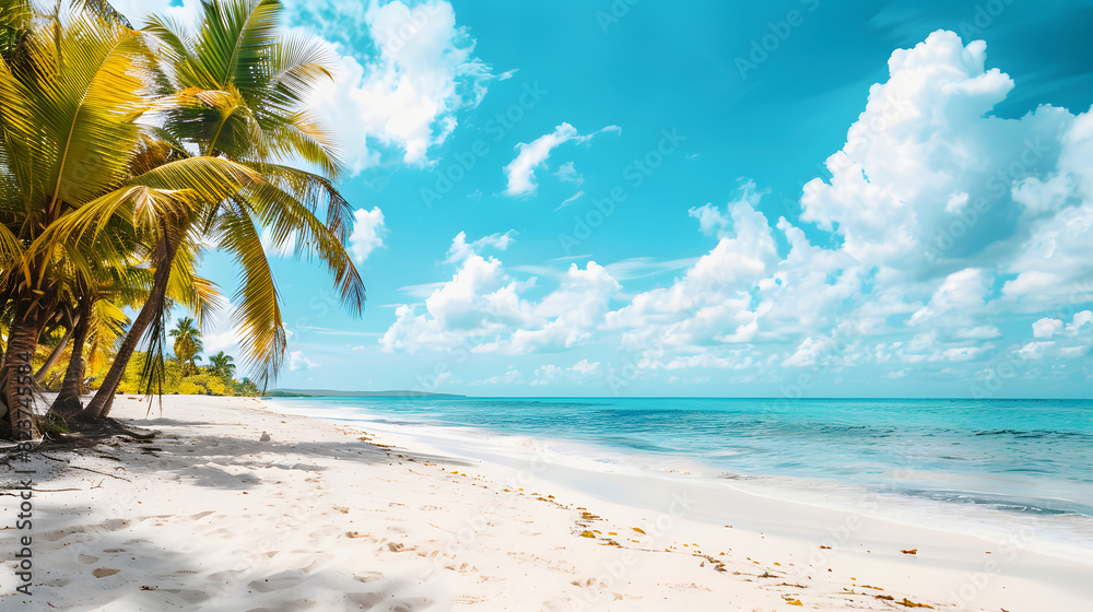 Beautiful beach with white sand and palm trees, 