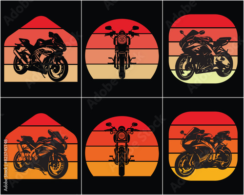 Motorcycle silhouette in the style of vector black monochrome Motorcycle retro vintage sunset bundle