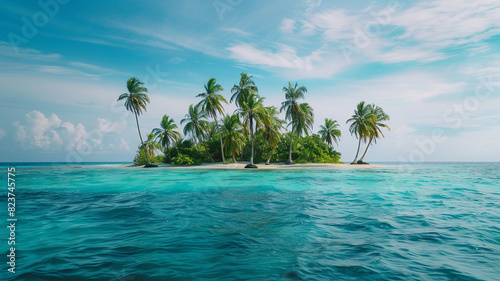 a remote island , with swaying palm trees and turquoise waters stretching to the horizon