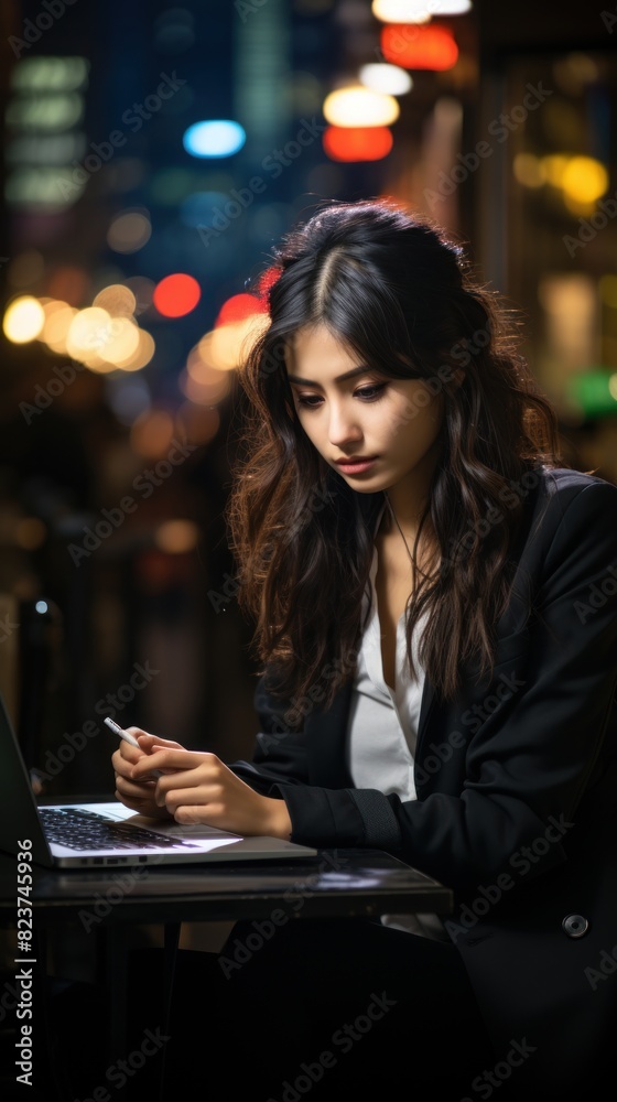 A focused young woman works on her laptop outdoors at night, illuminated by city lights and bokeh effect