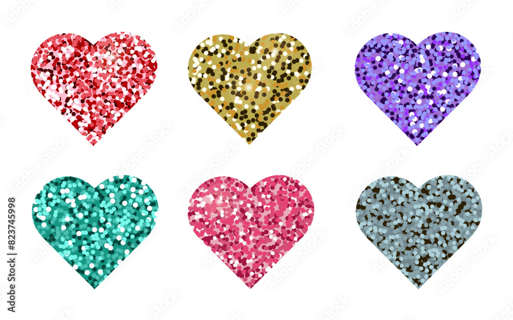 Glitter hearts set. Decorative glitter shiny hearts set isolated on white.  Vector illustration for web, banner, sticker, wedding, Valentines greeting card.