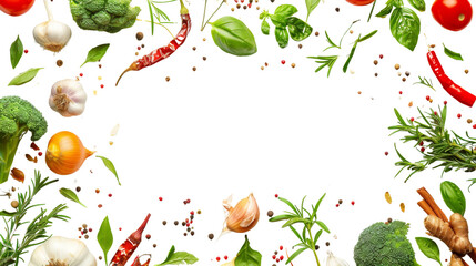 Fresh variety vegetables, spices and herbs frame on white background 
