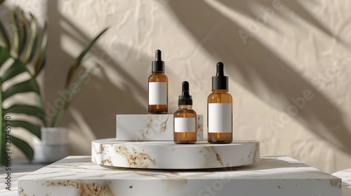 Minimalistic skincare product display with amber dropper bottles on marble stands, perfect for beauty and wellness marketing needs.