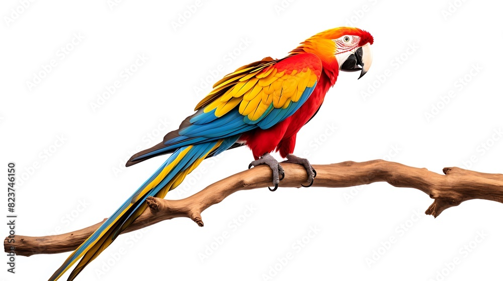 macaw parrot parakeet perching on branch on white background isolate