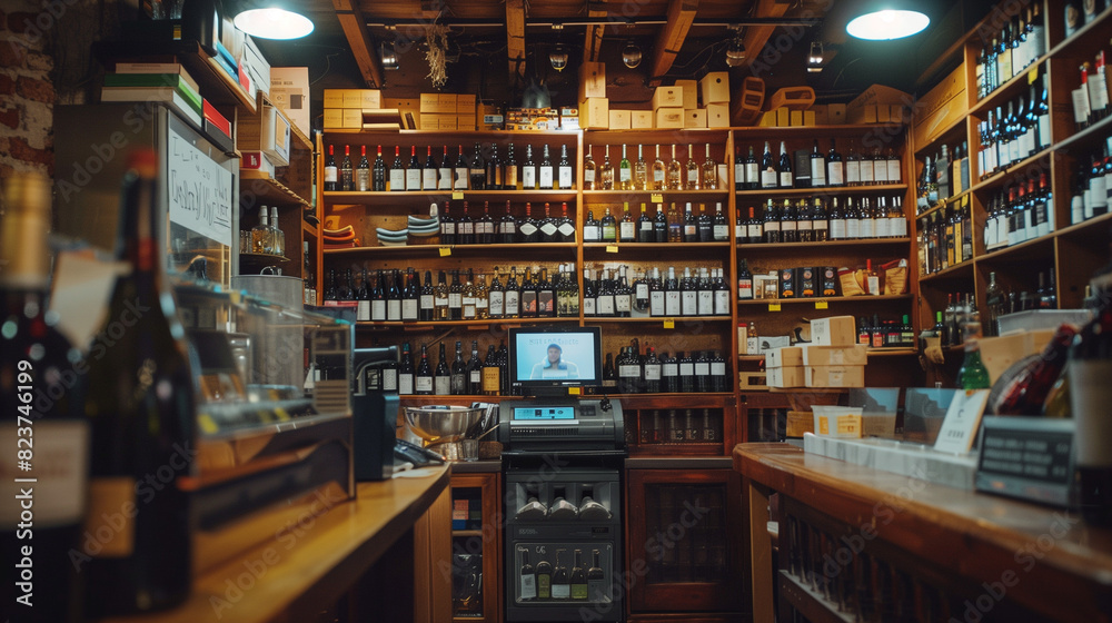 In an elegant wine shop, there is a modern cash register on the counter. In the background, shelves filled with bottles of wine, carefully arranged by region and vintage.