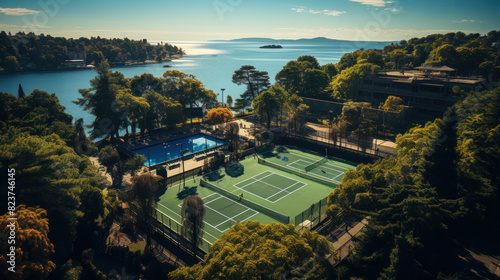 An aerial view of a luxurious resort-style tennis court beside a picturesque lake surrounded by trees