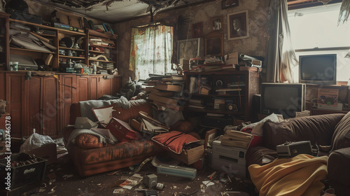 In the apartment of a person suffering from hoarding disorder, the vast majority of space is taken up by piles of newspapers, boxes and other unnecessary items. photo