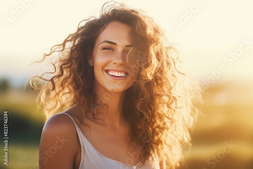 Portrait of a joyful woman with curly hair basking in the warm sunset light