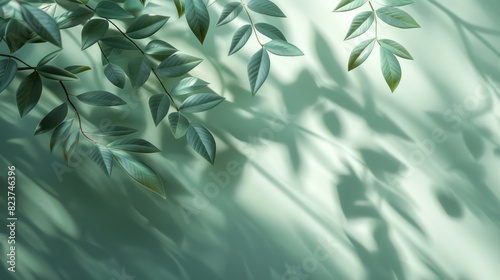 Soft shadows of leaves on a light teal wall create a serene  nature-inspired background perfect for various design projects and creative uses.