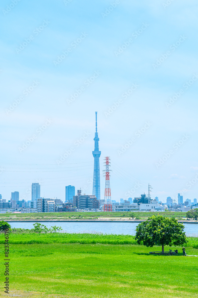 Obraz premium 初夏に広がる青空・河川敷