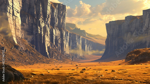 a scene of fault-block mountains with towering cliffs and a golden, open plain photo